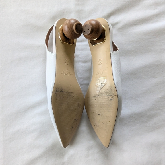 JAGGAR White Patent Leather Wood Ball Kitten Heel Sling Back Mules Sz 10 / 41 - Picture 2 of 3